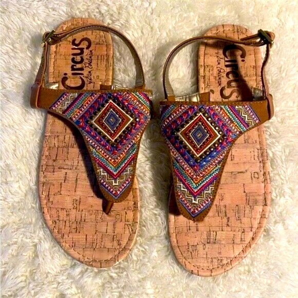 🍓Circus by Sam Edelman Brita colorful Embroidered Cork Flat Sandals  Size 7.5 - Picture 2 of 8